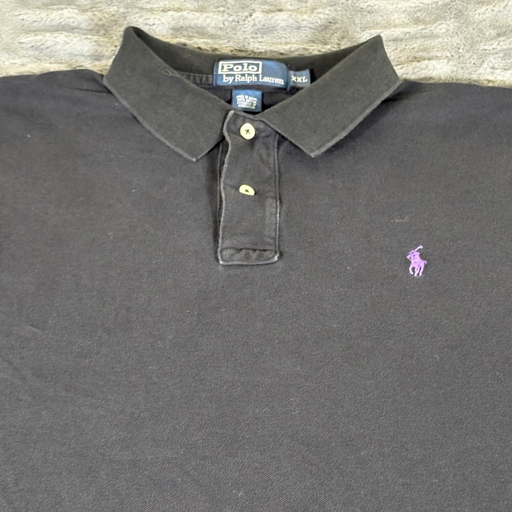 Polo Ralph Lauren Mens XXL Black Pique Polo Shirt Purple Pony Logo Short Sleeve